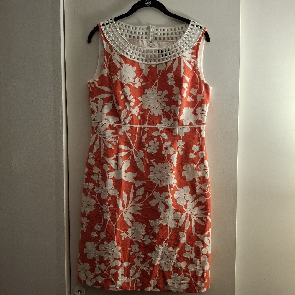 Tahari Arthur S Levine Floral Coral and White Sheath Midi Dress